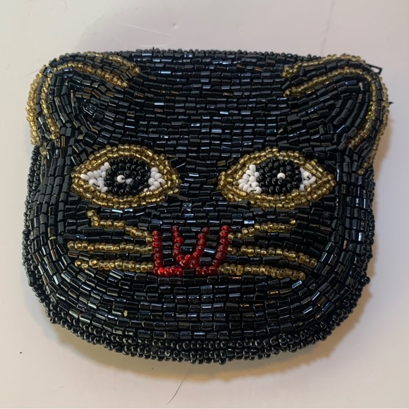 4" Sequin Cat coin purse, shiny black cat or kitten face whiskers pet - Picture 1 of 5